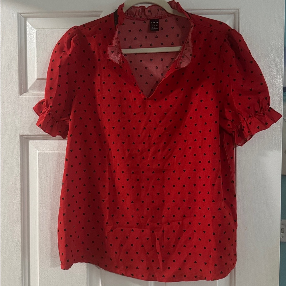 SHEIN Red and Black Patterned heart Blouse
